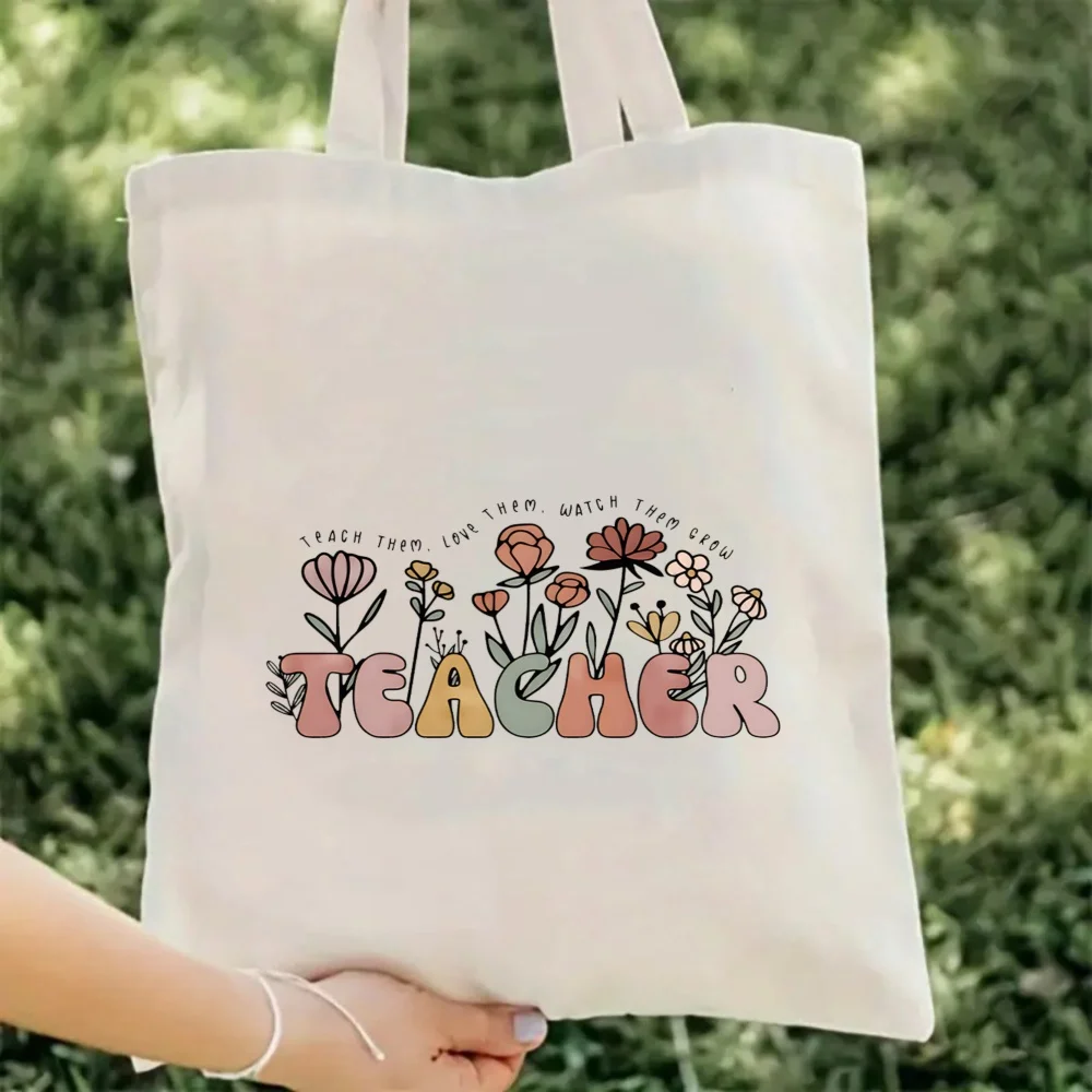 

Teacher Teach Love Watch Them Grow Floral Print Tote Bag Boho Flower Teacher Canvas Shoulder Bag Inspirational Quote Tote Bag