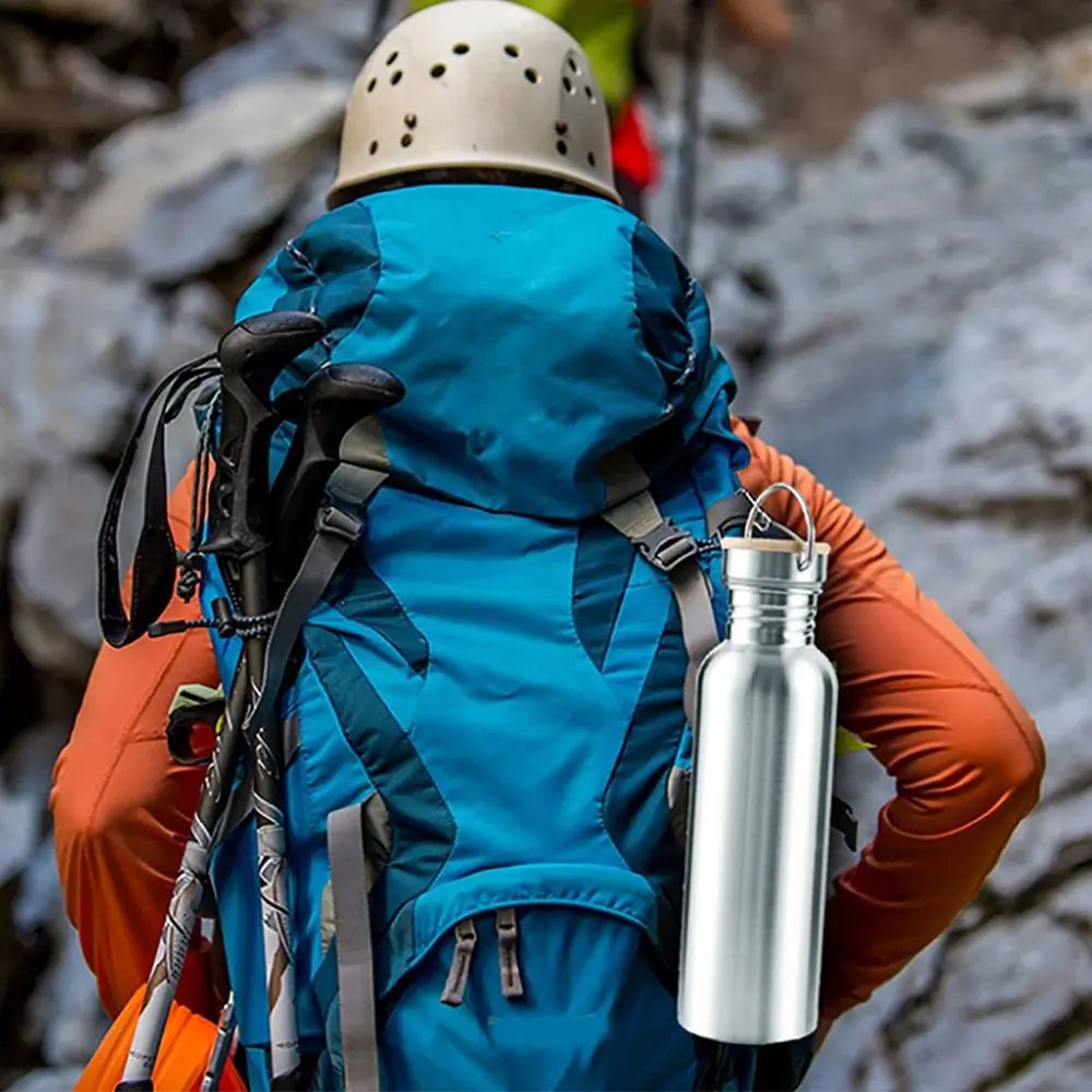 Bamboo Lid Insulated Single Walled Metal Flask Water Bottle Bicycle Water Bottles Stainless Steel