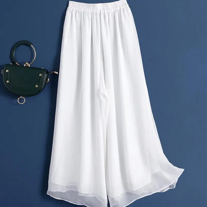 سراويل نسائية واسعة الساق مزدوجة الطبقات سراويل طويلة غير رسمية فضفاضة من الشيفون الأسود عالية الخصر للنساء