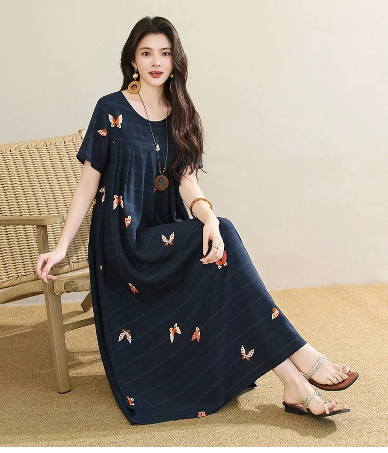 New 2025 Summer Dress For Women Plus Size Dress Casual Short Sleeve Boho Vintage Print Long Maxi Dress Beach Women Clothing