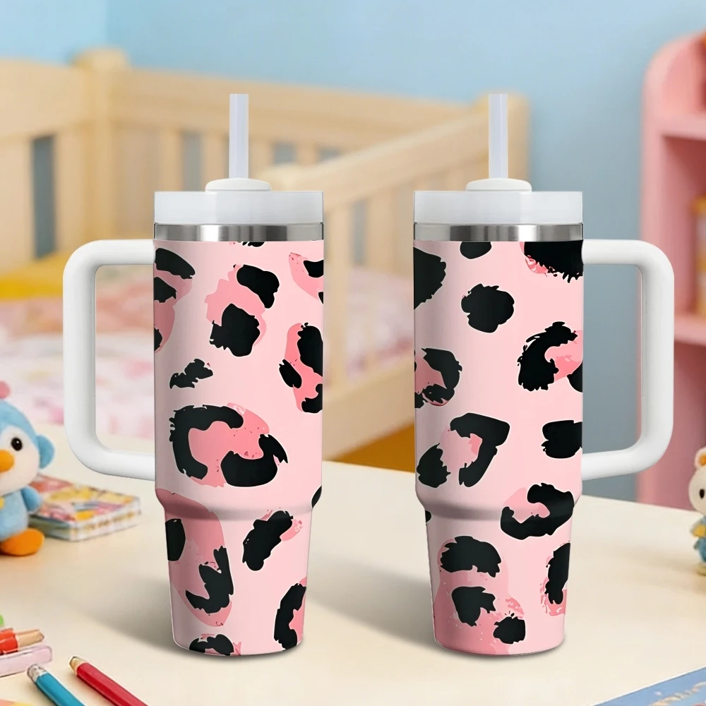 Pink Black Leopard Print Vacuum Flasks 40oz Stainless Steel Insulated Tumbler With Handle & Straw Leakproof Travel Mug