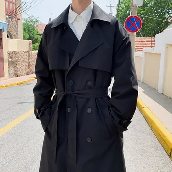 Spring Trench Coat Mens Korean Style Male Streetwear Windbreaker Trenchcoat Men Solid Coats for Men Casual Loose Long Overcoat