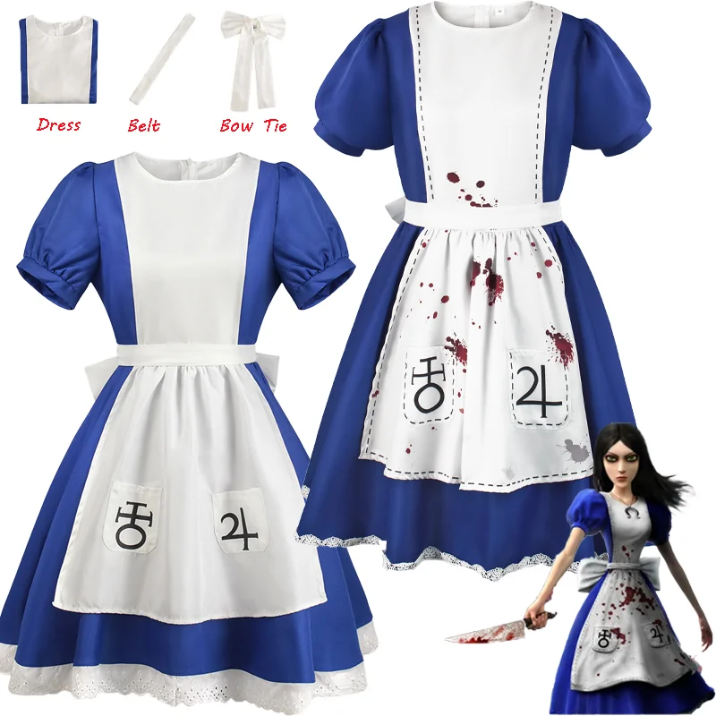 Jogo Alice Madness Retorna Fantasia Cosplay para Mulheres, Halloween Maid Dresses, Uniforme Lolita, Roupas de Festa de Carnaval para Adulto