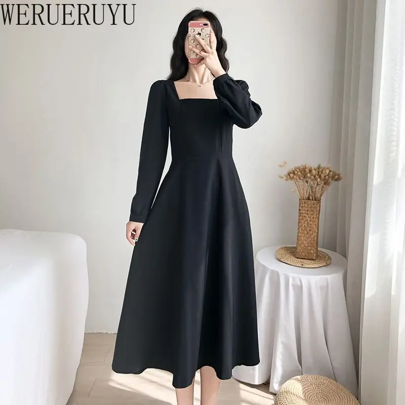 New Elegant Evening Long Dress Woman Clothing Autumn Winter Casual Square Collar Long Sleeve A-line Party Dresses for Women 2024