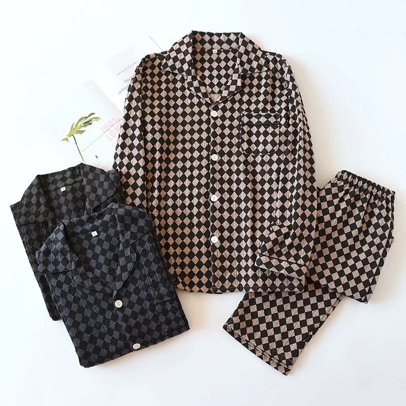 

Japanese Plaid Pajamas Men's Spring, Summer and Autumn Cotton Double-layer Gauze Thin Washed Crepe Long-sleeved Loungewear Suit
