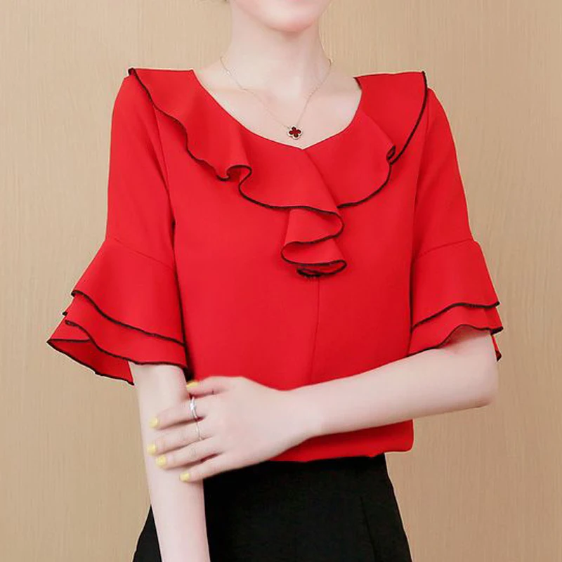 Ruffle Sweet Chic Short Sleeve Slim Chiffon Shirts New Summer Korean Fashion Round Neck Solid Top Blouse Women Blusas Para Mujer