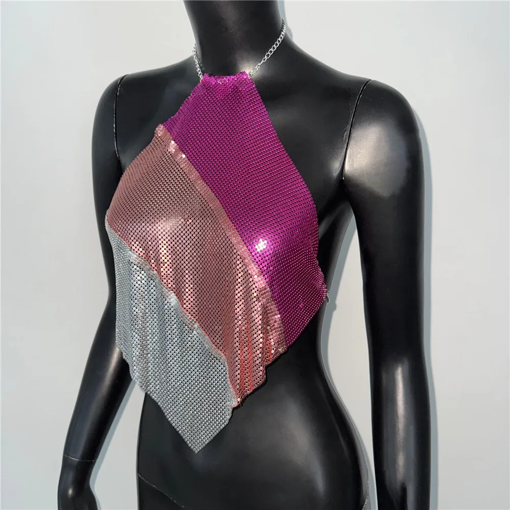 Women Sexy Metal Sequined Tank Camis Summer Backless Glitter Beach Club Show Wear Tank Top Nightclub Party Chain Top