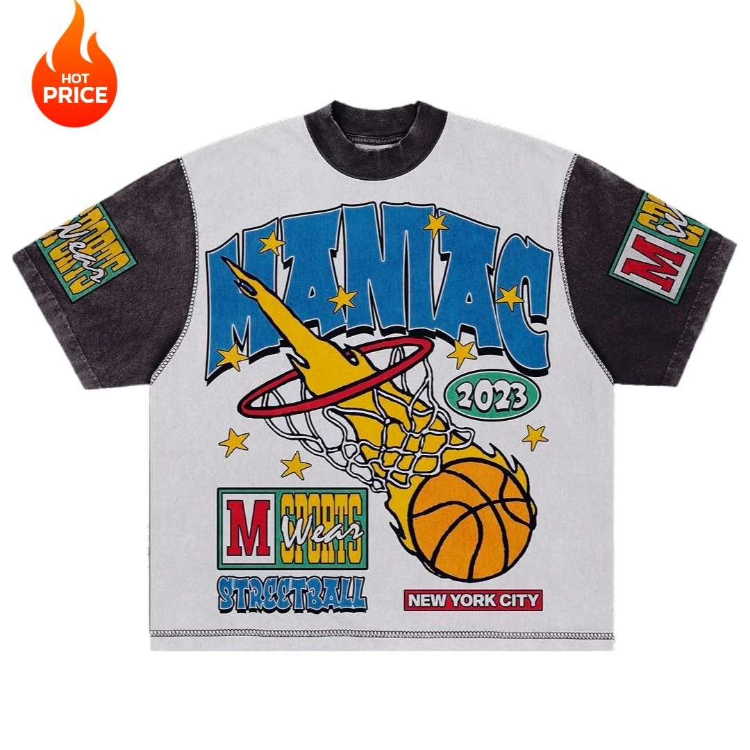 

Винтажная мужская футболка в стиле хип-хоп Y2K, повседневная хлопковая футболка с принтом баскетболиста в американском стиле, летняя модная персонализированная футболка с рисунком