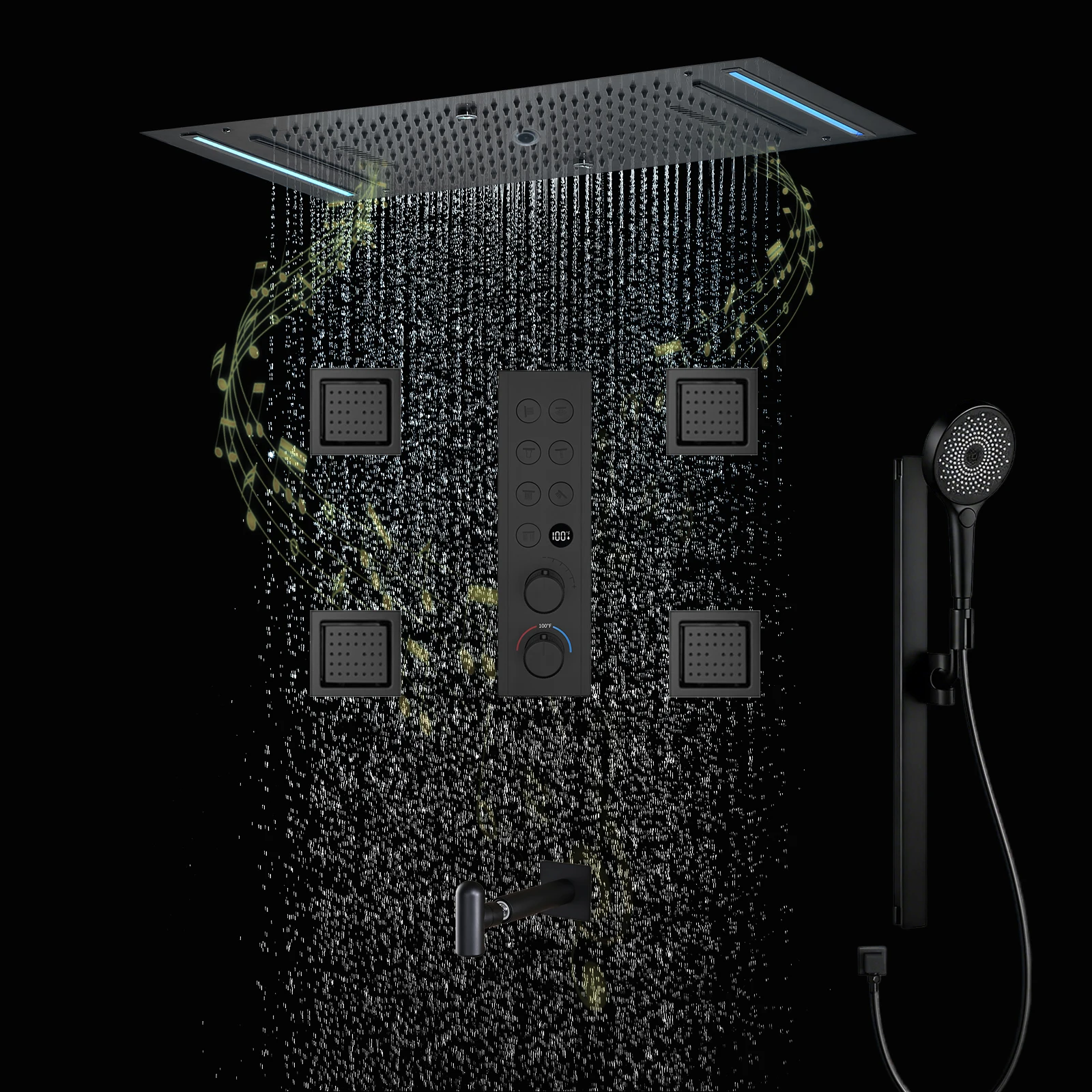 

Qlonn 7 функций термостатический смеситель, набор для душа, роскошный 638*338 мм, потолочное светодиодное освещение, музыкальная насадка для душа, корпус для ванной комнаты