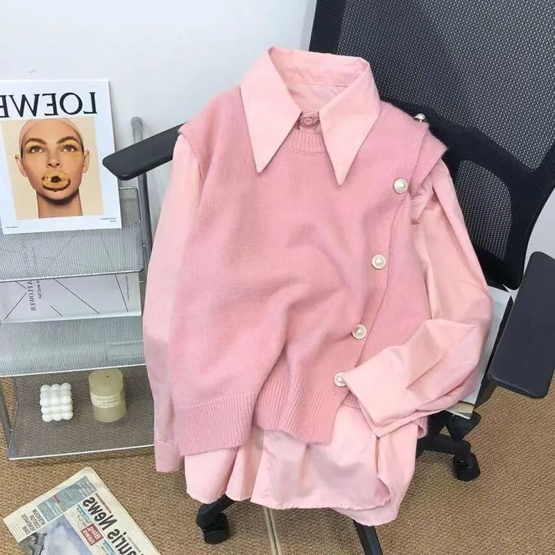 Women 2 Piece Outfit Set Pink Point Collar Shirt + Irregular Button Knit Vest Elegant Casual Sweater Vest Blouse Matching Suit