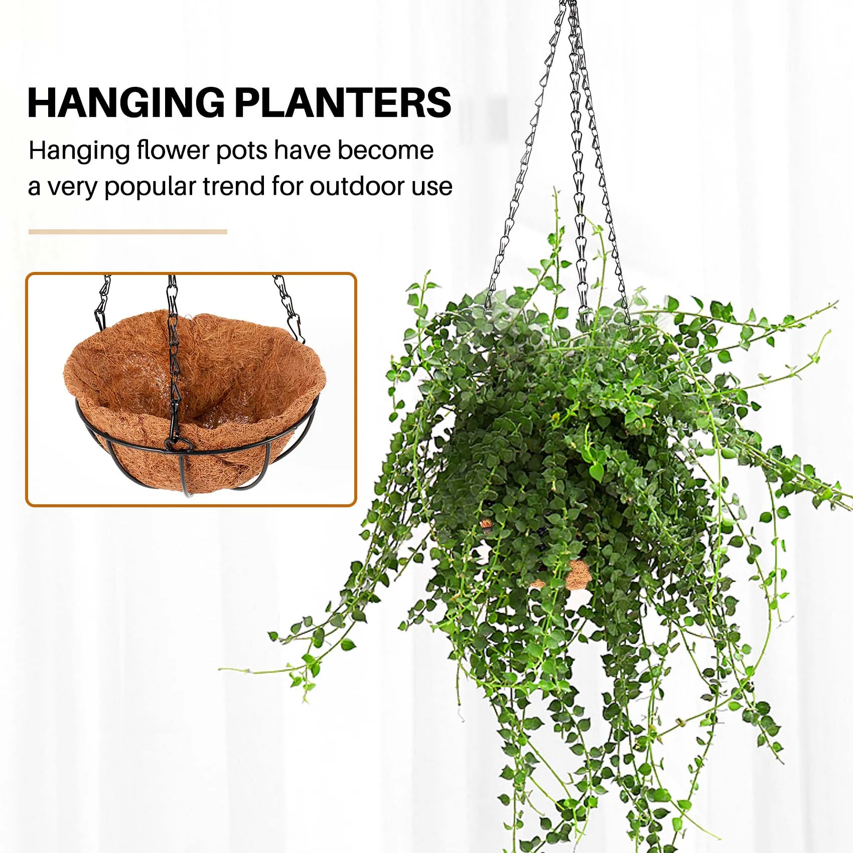 Black Growers Hanging Basket Planter with Chain Flower Plant Pot Home Garden Balcony Decoration-8inch