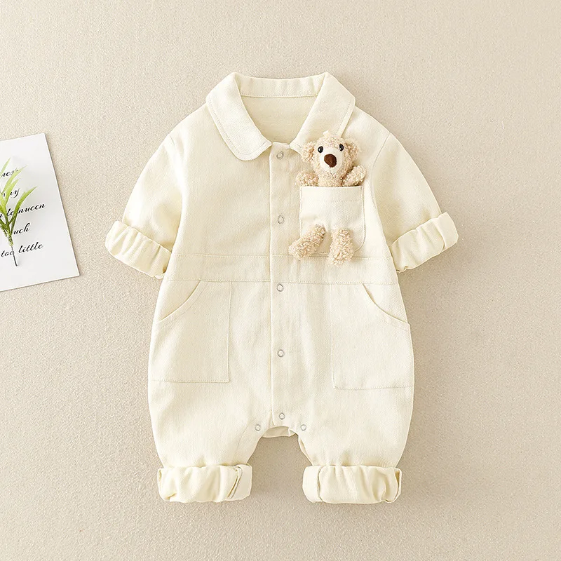 Newborn Jumpsuit Baby Girls Boys Casual Denim Cartoon Doll Overalls Spring Autumn Baby Clothes Long Sleeve Fashion Infant Romper