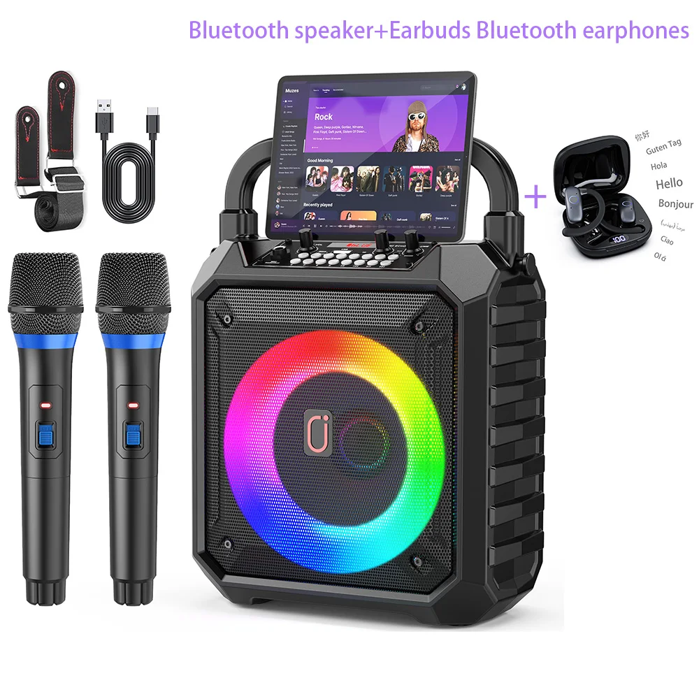 Machine de karaoké T17-T et écouteurs Bluetooth, haut-parleur Portable avec lumières LED pour enfants et adultes, prend en charge Bluetooth/USB/TF/AUX