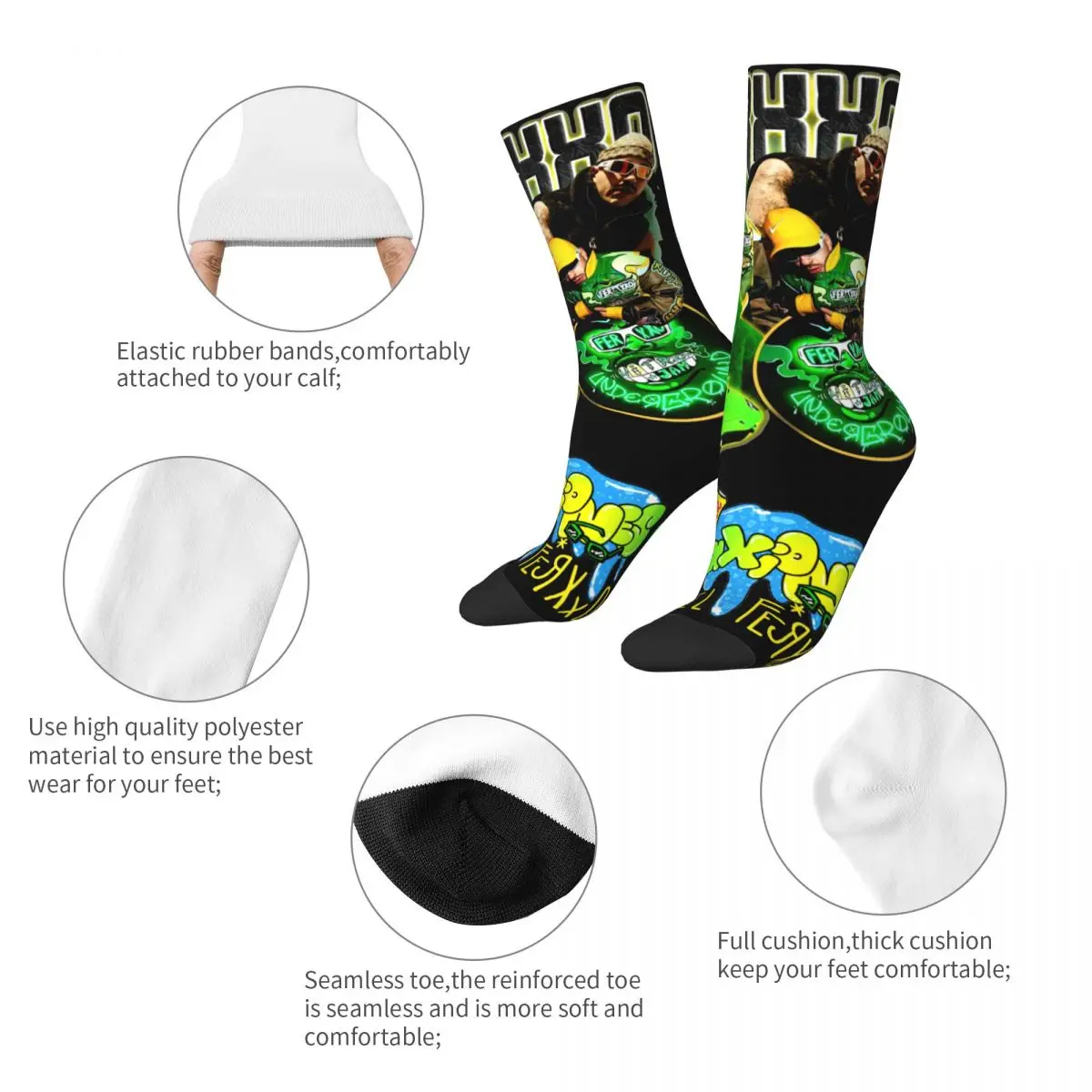 Hip Hop Feid Ferxxo Mor Green Bootleg Design Socks Merch for Men Compression Printing Socks