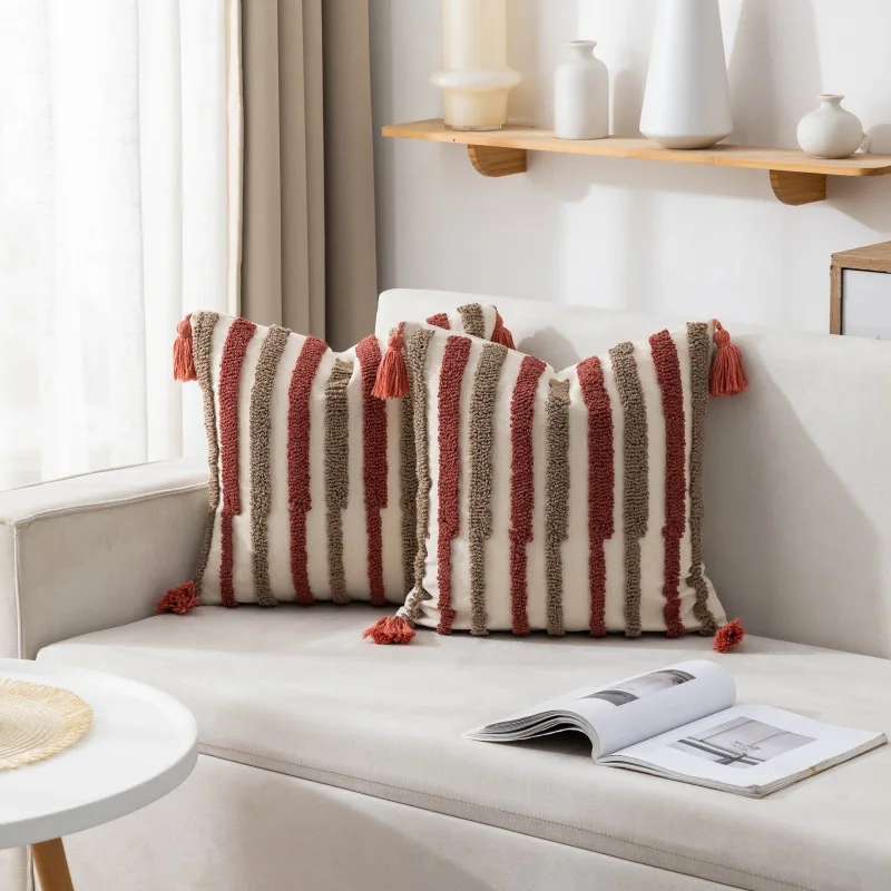 1PC Jacquard Embroidery Patterns Throw Pillowcase Cojines Canvas Tufted Tassel Decor Sofa Cushion Cover Headboard Pillow Covers view 3