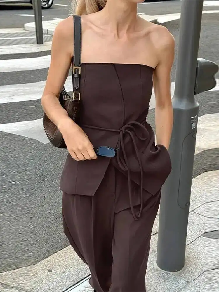 

Women Pant Sets Sexy Backless Straps Sleeveless Lace Up Vest Loose Wide Leg Pants Suit Female Summer Fashion Lady