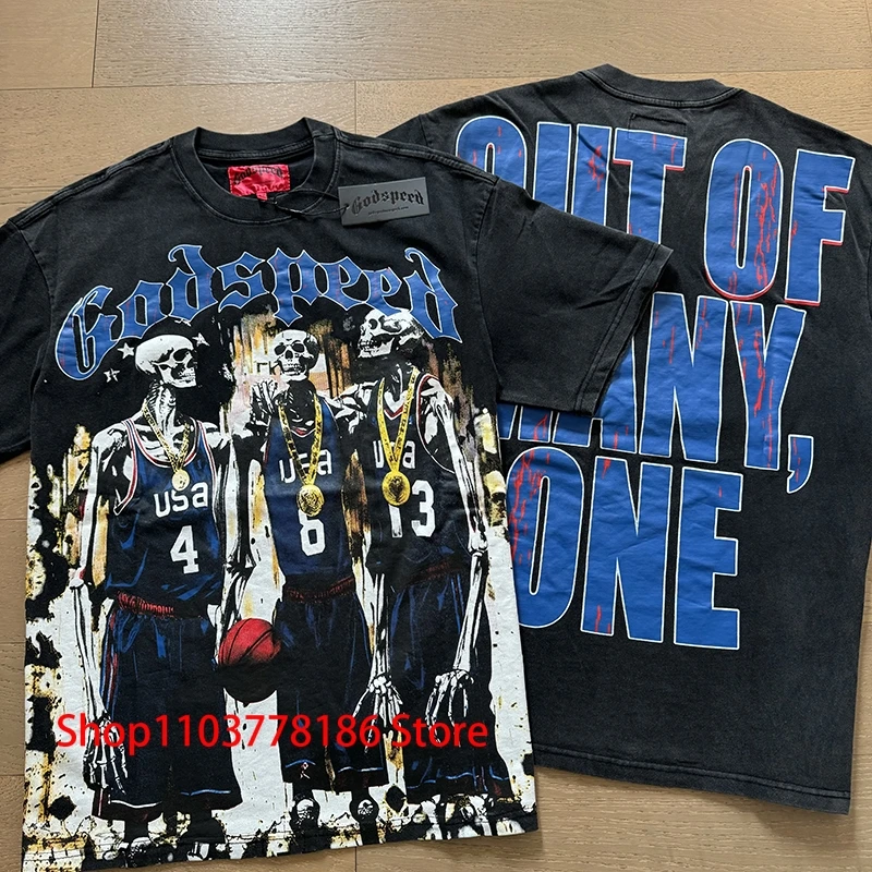 Skull Basketball Team Print Summer Men Women Godspeed T-shirt Real Photo Rock Hip Hop Streetwear Cotton Tees Short Sleeve