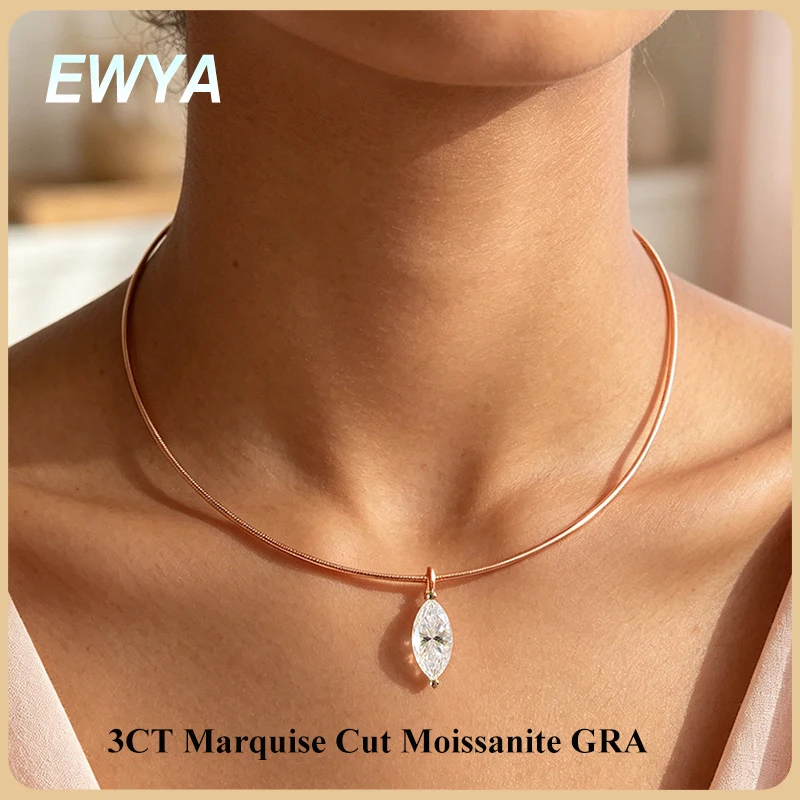 

EWYA 3CT Marquise Cut Solitaire Moissanite Pendant Necklaces Women Party s925 Silver 1.5mm Solid Choker Big Diamond Neck Chain