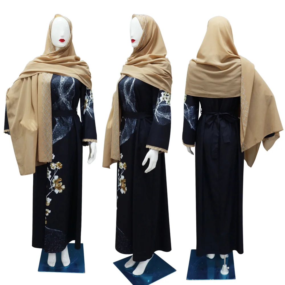 2 stücke Set Blumen bedrucktes Kleid mit Schärpe Gürtel Abaya Hijab Schleier Mode Diamanten Robe muslimische Spitze Trimmen Kaftan Frauen langes Kleid