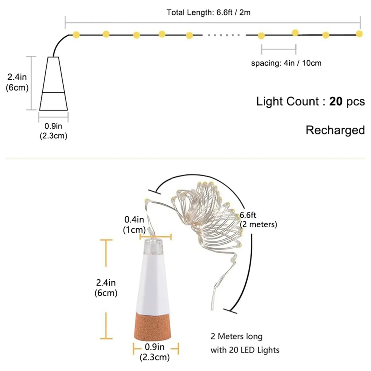 New 2PCS LED Cork Bottle Fairy Lights USB Powered Battery 2m 20 LEDs Lights for Home Kitchen Party Decor