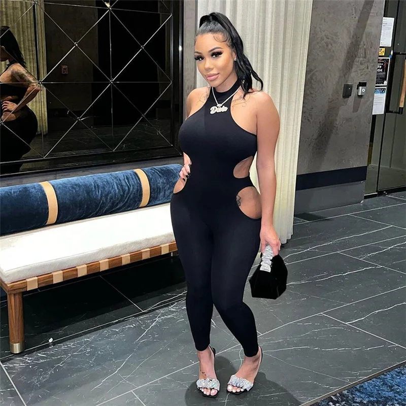 Women Summer Solid Hollow Out Jumpsuit Sexy Halter Sleeveless Backless Body-Shaping One Piece Rompers Streetwear