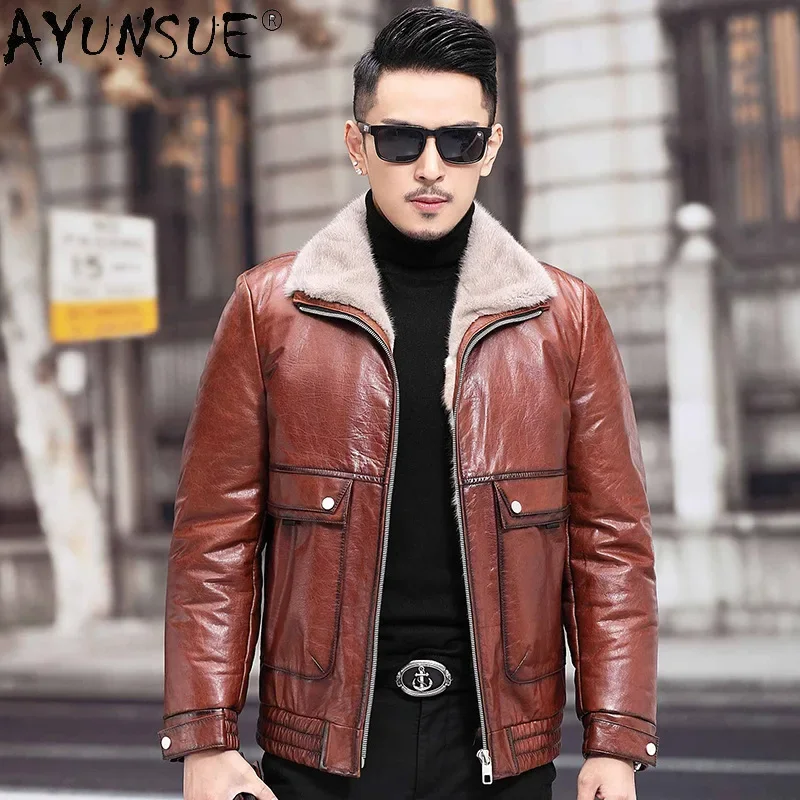 

AYUNSUE Genuine Top Layer Cowhide Leather Jacket Men Casual Warm Coat for Men Winter Mink Fur Liner Coats Jaqueta Masculina