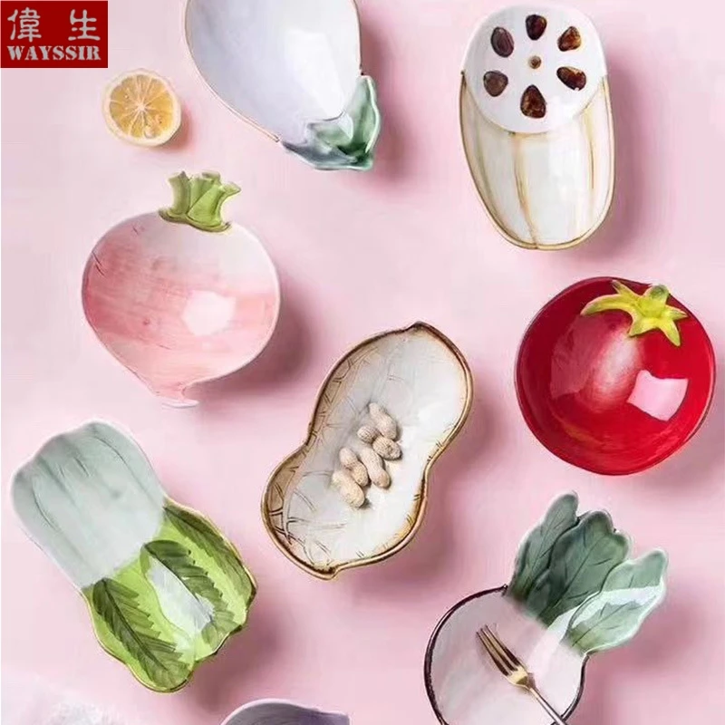 Creative Vegetable Shaped Ceramics Snack Bowl Hand Draw Cartoon Style Sauce Dish Ice Cream Salad Plate Cute Porcelain Candy Bowl