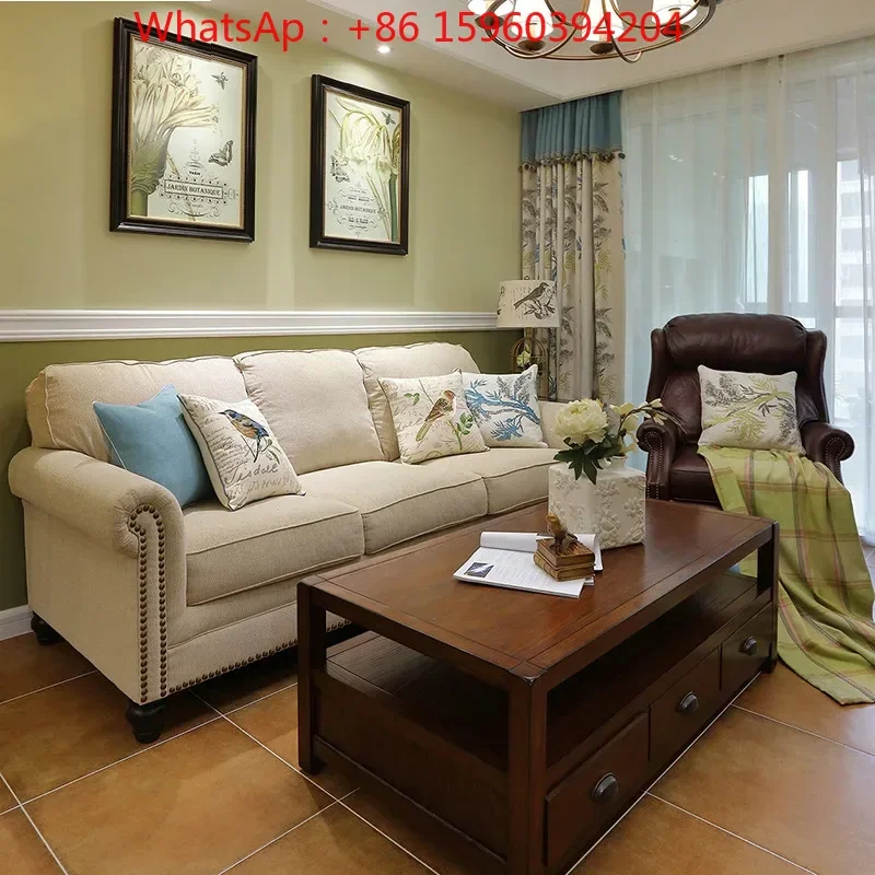 Nordic three-person sofa small and medium-sized apartment customized model room bedroom retro American fabric home solid wood