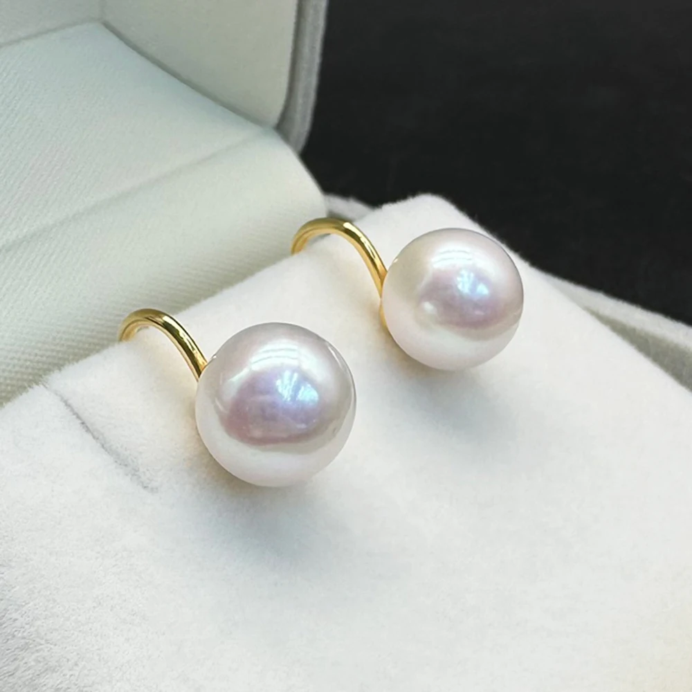 No Ear Holes 9-10mm Round Almost Flawless Real Pearl Earrings S925 Silver Temperament Retro French Double Silicone Ear Clips