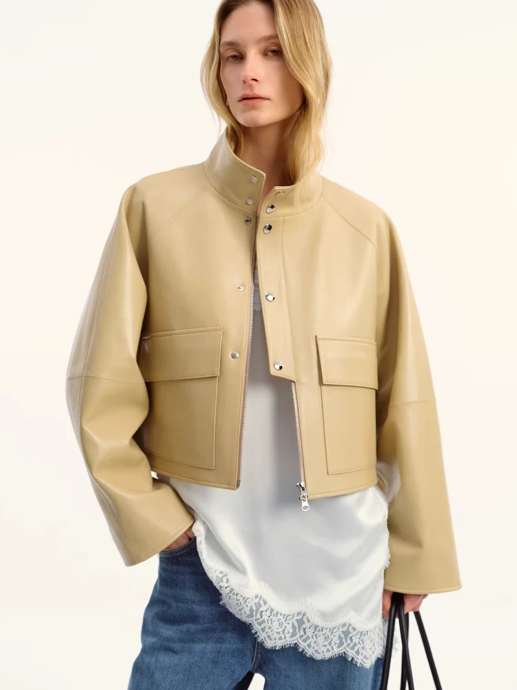 

Casual Cropped Genuine Leather Jackets for Women Spring Autumn High-end Simple Stand Collar Loose Solid Soft Real Sheepskin Coat