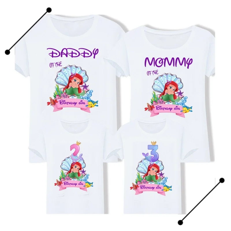Cute Mermaid Family Theme T-shirt Little Mermaid Pattern Children's T-shirt Dad Mom Brother sisters Short Sleeve Top