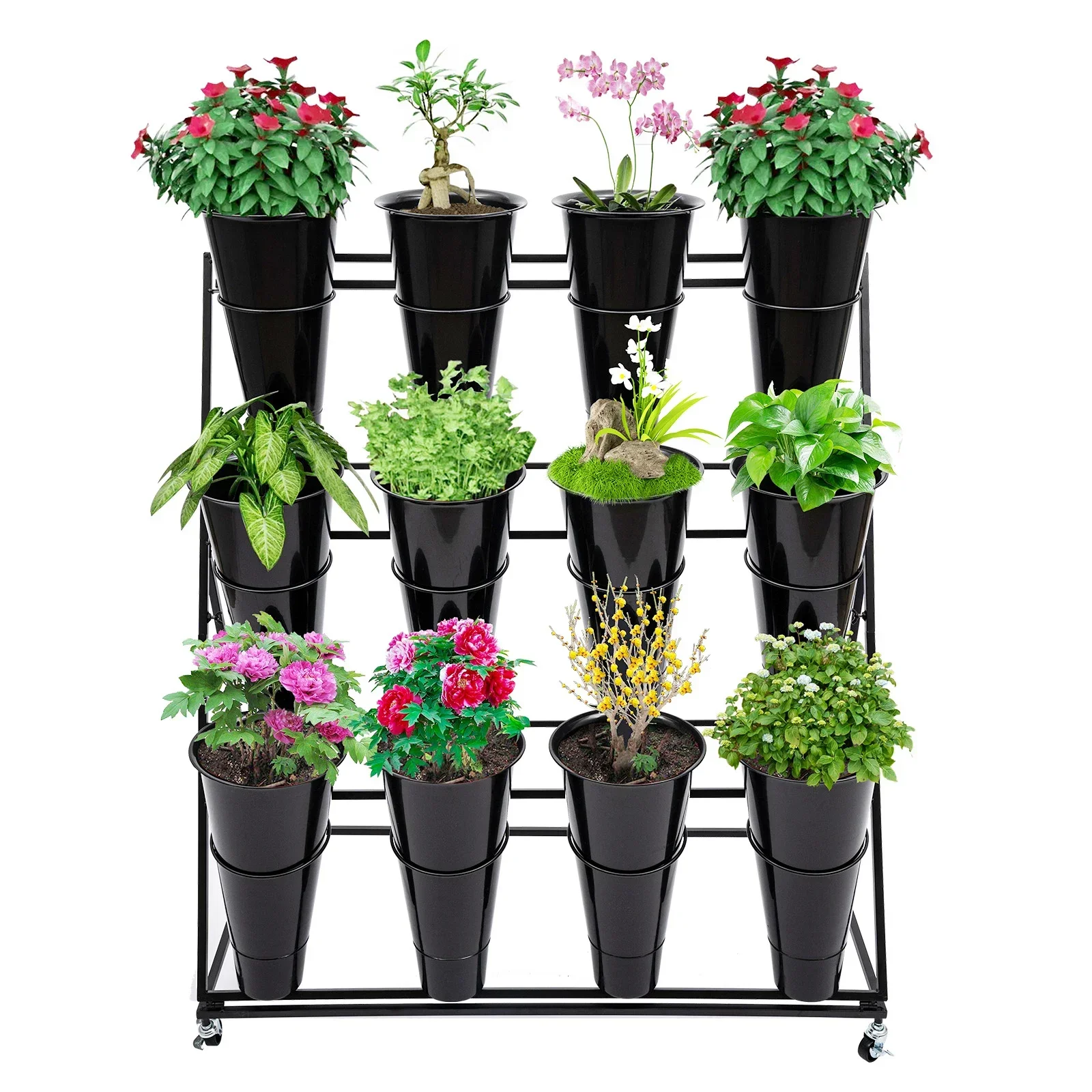 Black Flower Display Stand - 12Pcs Buckets / 3 Layers Metal Plant Stand with Wheels