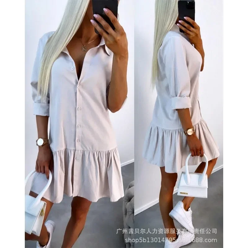 Women Solid Ruffles Pleated Stitching Dress 2024 Spring New Shirt Dress Women Long Sleeve Single-Breasted Turn-down Collar Dress