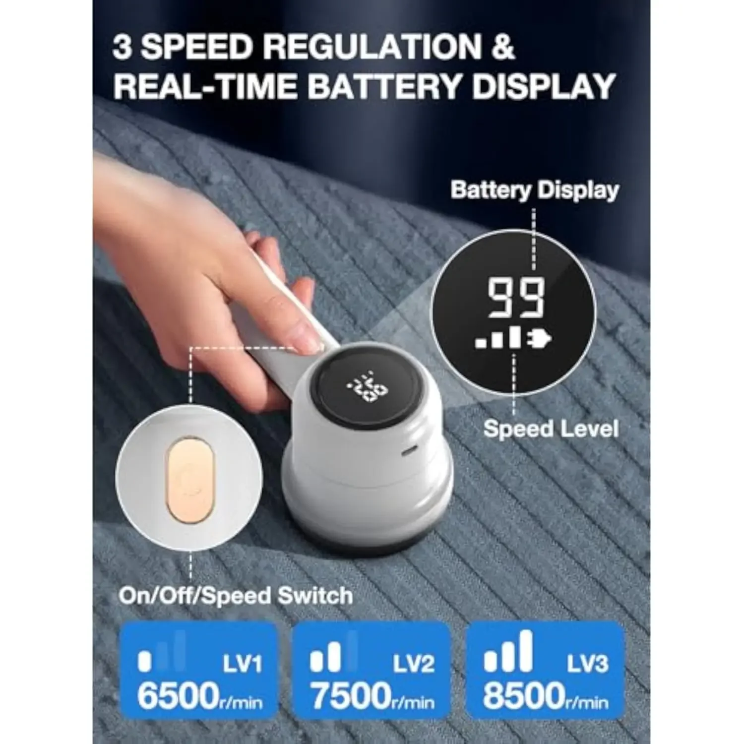 

Wireless Lint Remover Rechargeable 6-Leaf Blades 3-Speed LED Display Electric Lint Shaver Portable for Clothes Furniture Sweater