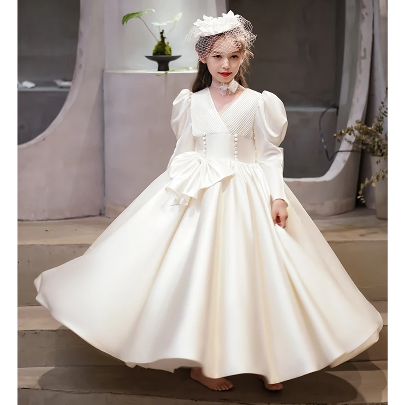 Girl's long-sleeved pleated satin first Communion formal dress, small concert dress, wedding dress, birthday/Customized