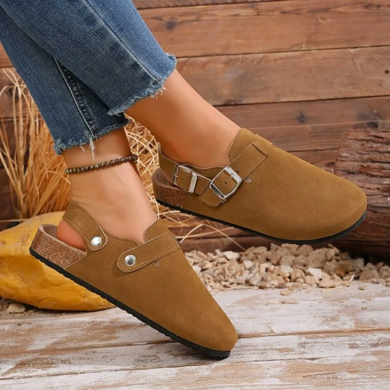 2026 Crestar Women's Suede Lady Fashion Buckle Leather Mules Comfort Cork Footbed Potato Shoes with Arch Support Beach Sandal