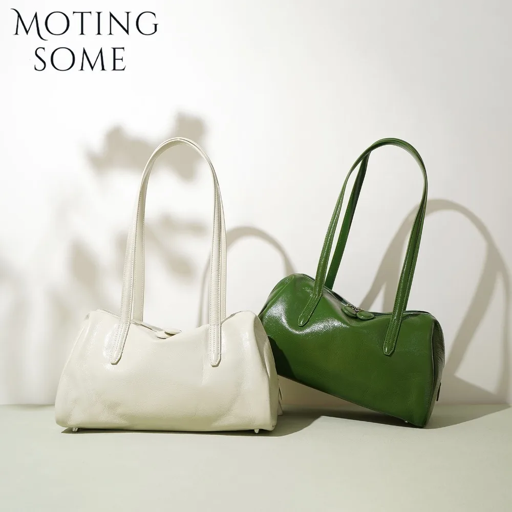 Motingsome Green Bags Retro Women Bag Luxury Oil Wax Cowhide Leather Handbag Vintage Boston Pillow Purses Lady Daily Purses 2024