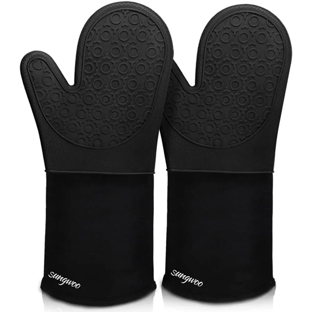 14.6 Inch Extra Long Silicone Oven Mitts with Quilted Lining for Heat Resistance and Non-Slip Grip