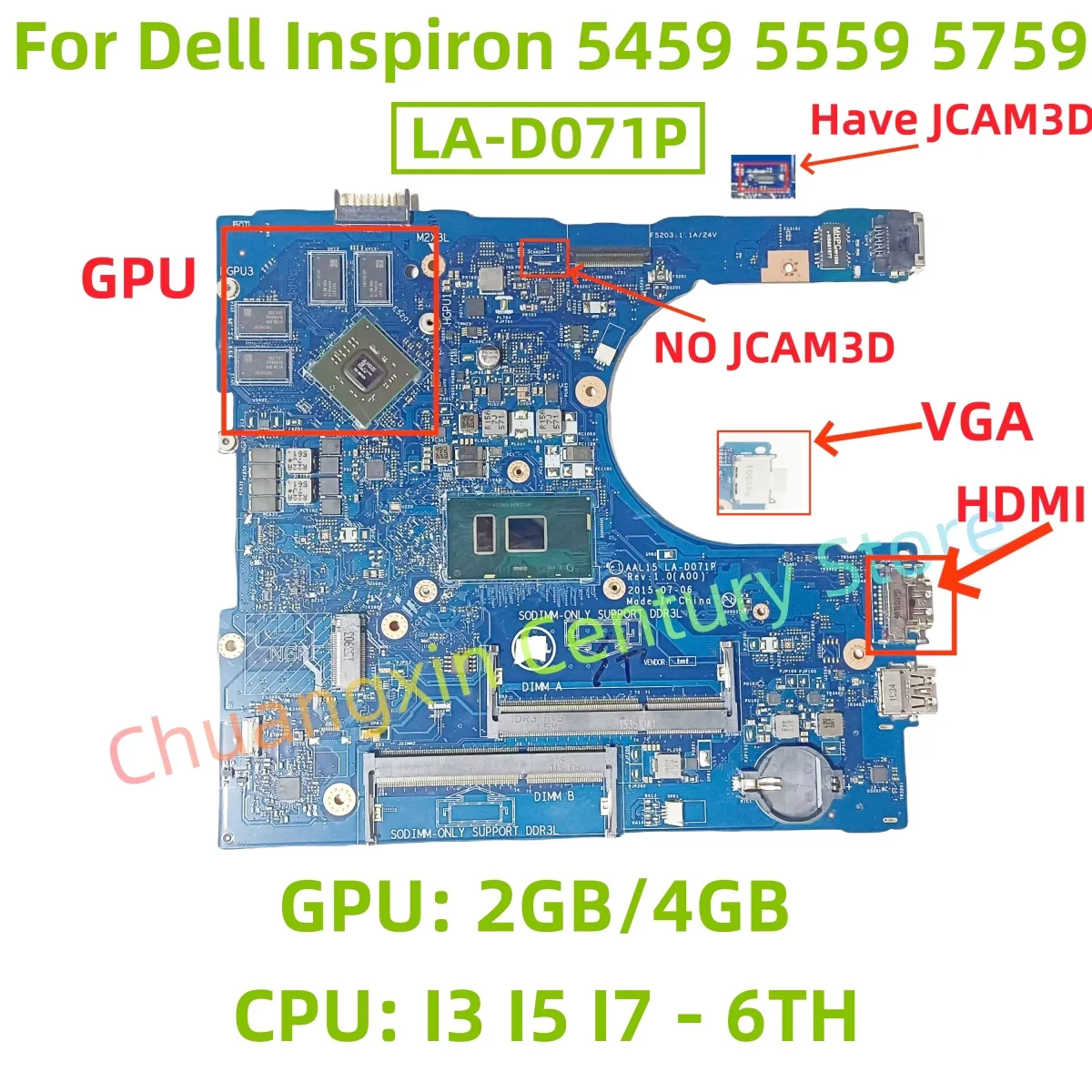 

LA-D071P motherboard for Dell Inspiron 5459 5559 5759 laptop CPU: I3 I5 I7-6TH GPU: 2GB/4GB 100% test ok shipment