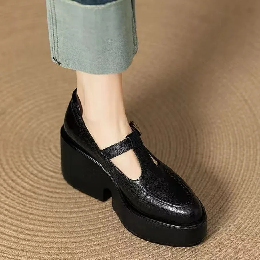 Chunky Platform High Heels Pumps Women Spring PU Leather Ankle Buckle Mary Jane Shoes Woman Brown Thick Heeled Sandals Loafers