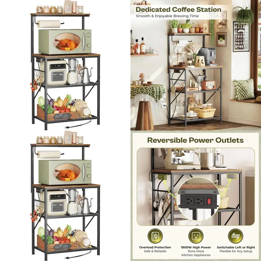 

4-уровневая подставка для микроволновой печи с реверсивной розеткой, 23,6 дюйма, для кухни/кофейни, верхняя полка, 6 крючков, цвет: рустик-коричневый