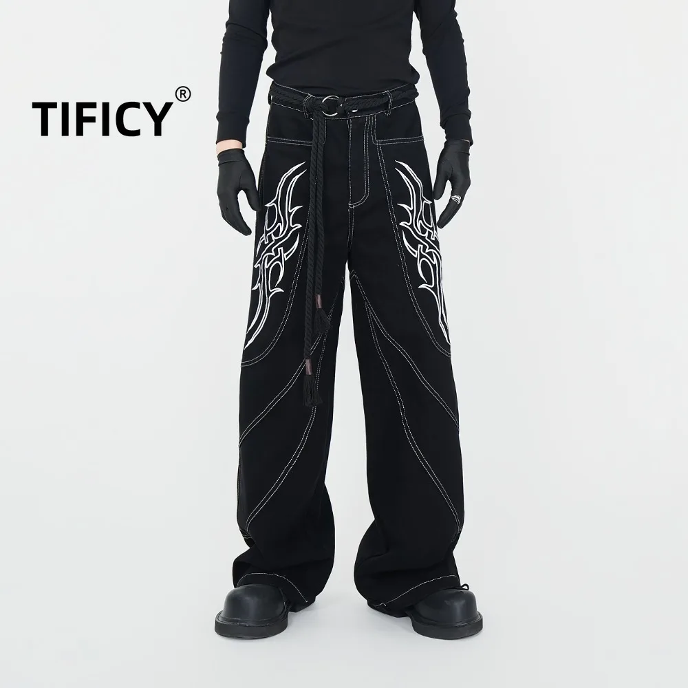 

High Street Three-dimensional Embroidered Wide Leg Jeans Pants Men's Open Thread Straight Leg Jeans Retro Fashion Denim Pants