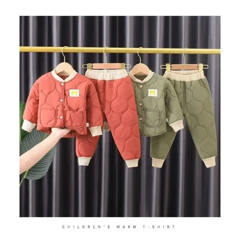 

Children's set new autumn and winter boys' and girls' cotton padded thick cardigan round neck set baby warm set 1-6Y