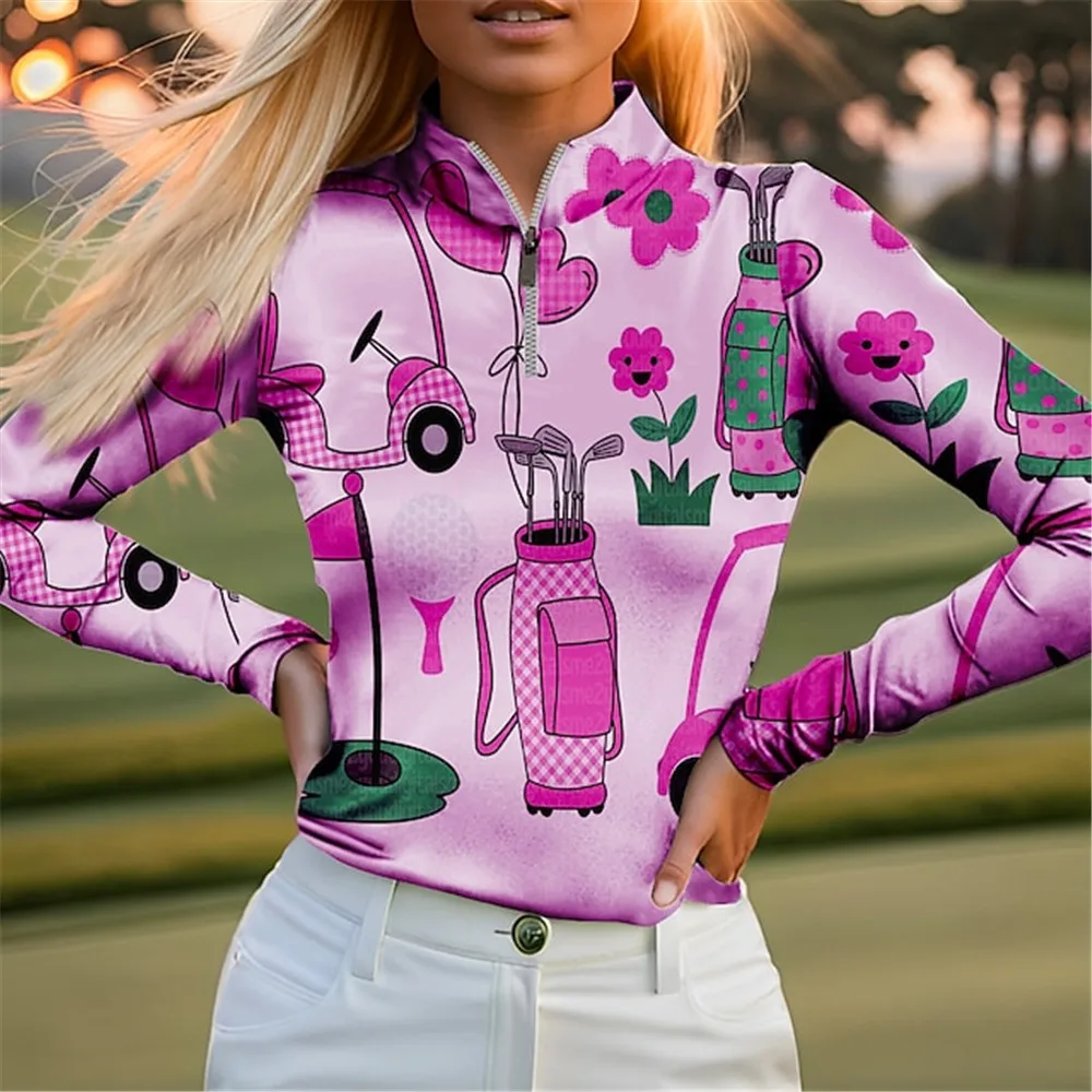 Women's Polo Shirt Funny Golf Shirt Breathable Quick Dry Moisture Wicking Long Sleeve Golf Apparel Regular Fit Zipper Stand