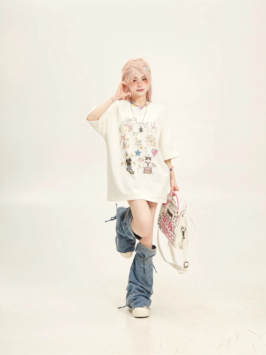 Chic Korean Style Short Sleeve T-Shirt Women's Summer Slimming Print Top Cute Graffiti Design Beautiful Loose Fit round Neck