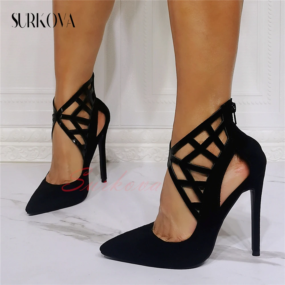 

Black Sexy Hollow High Heels for Women Pointed Toe Shallow Back Zipper Concise Pumps Women's Stilettos Sexy All Match Shoes New