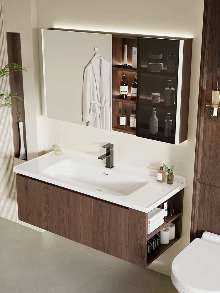 

New Chinese walnut ceramic integrated basin bathroom smart toilet hand wash basin cabinet wash table combination