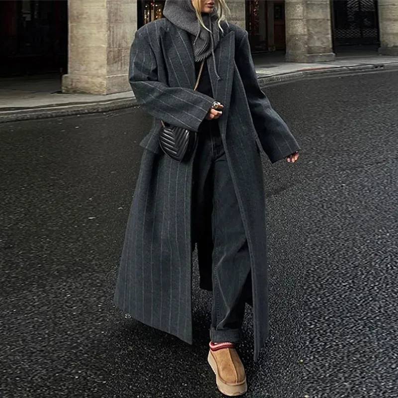 

Women's Coat Jacket Stripe Turn-Down Collar Dropped Shoulders Female Jackets Oversized Classic Autumn Long Coats For Ladies