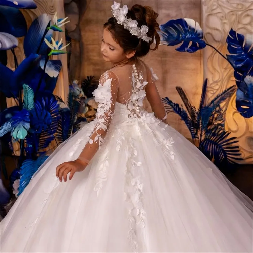 

Customized Elegant White Flower Girl Dress For Wedding Appliques Puffy Full Sleeves Kids Birthday Party First Communion Gown