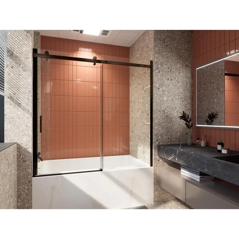 

56-60 in. W x 58 in. H Semi-Frameless Sliding Bathtub Door Matte Black 5/16 in. Clear Glass